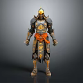 3D Rendered Samurai Armor in Black and Gold with Orange Sash and Ornate Details