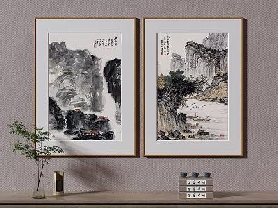 Two Framed Chinese Landscape Paintings On Wall With Vase And Books Decor 3d model