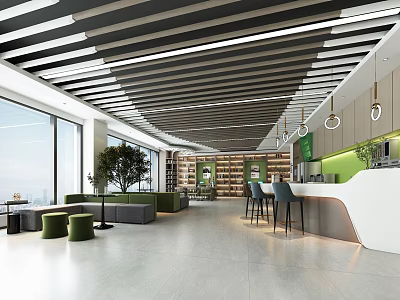 Modern Open Lounge Area With Striped Ceiling Large Windows Green Plants Sofas And Bar Counter 3d model