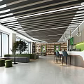Modern Open Lounge Area With Striped Ceiling Large Windows Green Plants Sofas And Bar Counter
