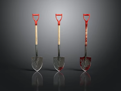 Set Of Three Shovels Featuring Red Handles Wooden Shafts And Metal Blades 3d model