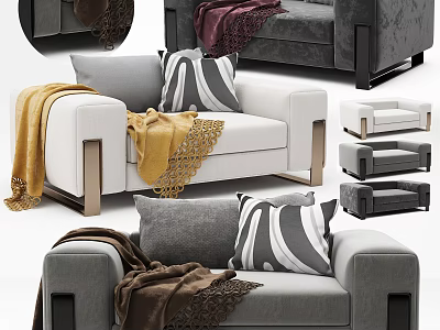 Modern Single Sofa in Gray and White with Striped Pillows Cozy Blankets and Metal Legs 3d model