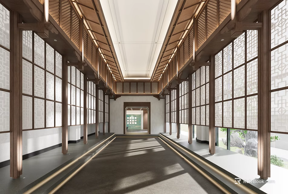 Elegant Clubhouse Interior With Wooden Lattice Windows Spacious Corridor Ceiling Beams And Elevator 3d model 