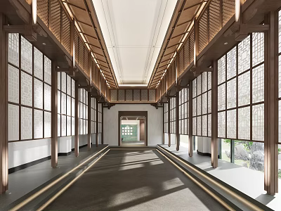 Elegant Clubhouse Interior With Wooden Lattice Windows Spacious Corridor Ceiling Beams And Elevator 3d model