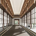 Elegant Clubhouse Interior With Wooden Lattice Windows Spacious Corridor Ceiling Beams And Elevator
