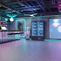 Modern 24 Hour Bar With Neon Lights PLAY Sign Robot Sculpture Black Tables And Chairs