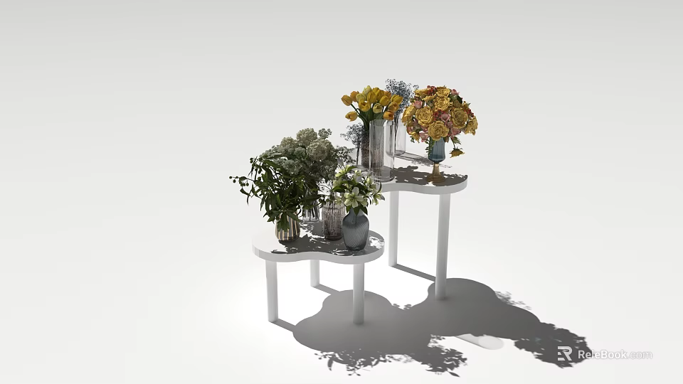 Bonsai Potted Plants On White Stand With Green Leaves And Colorful Flowers 3d model 
