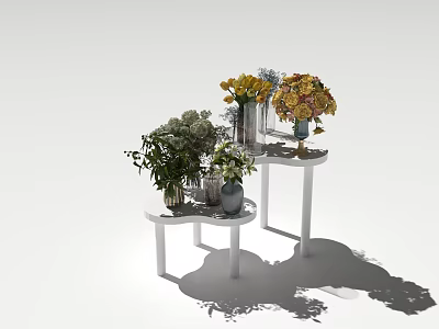 Bonsai Potted Plants On White Stand With Green Leaves And Colorful Flowers 3d model