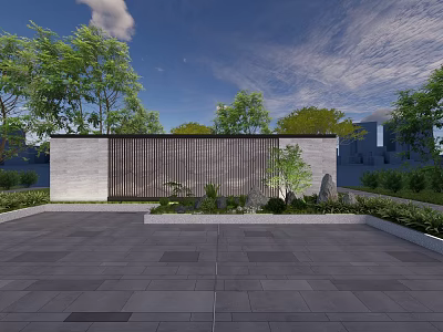 Modern Feature Wall Design With Green Plants Stone Pavement And Trees 3d model