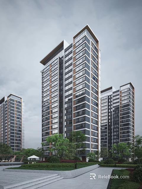 Modern High Rise Residential Building With Glass Windows And Surrounding Green Trees 3d model 