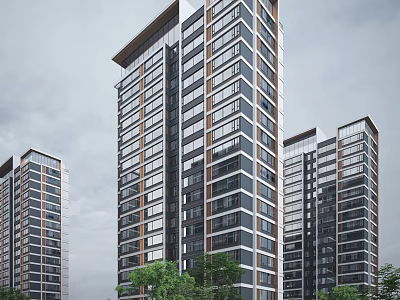 Modern High Rise Residential Building With Glass Windows And Surrounding Green Trees 3d model