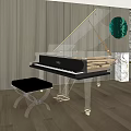Transparent Grand Piano in Modern Room with Black Bench Wooden Wall and Circular Green Decoration