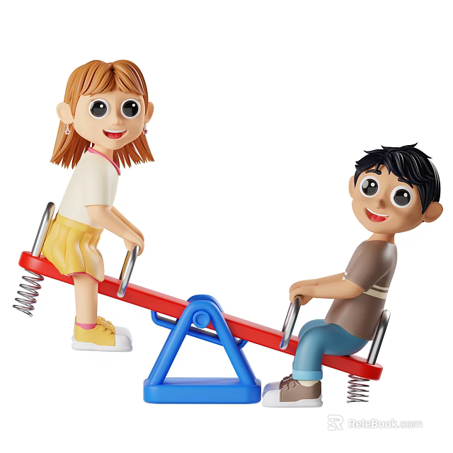 Children Playing on Fun Red Blue Spring Seesaw Playground Equipment 3d model 