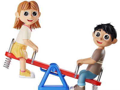 Children Playing on Fun Red Blue Spring Seesaw Playground Equipment 3d model