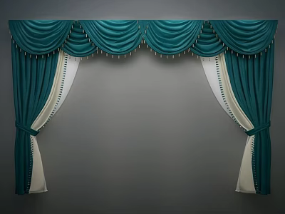 Elegant Teal Curtains With Pleated Valance White Trim And Tied Back Design 3d model