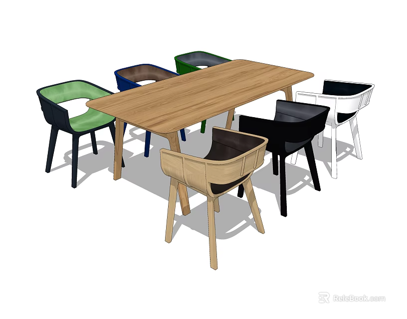 Modern Wooden Dining Table Set With Multi Colored Chairs And Stylish Design 3d model