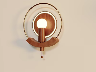 Modern Wooden Wall Lamp with Metal Ring Design and Illuminated Light Fixture 3d model