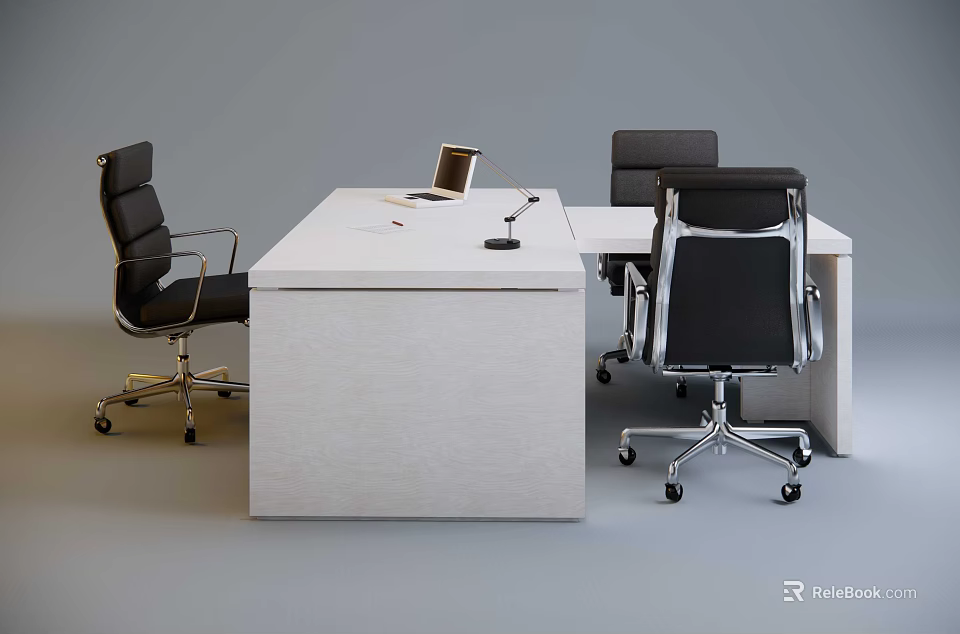 Modern White Office Desk with Black Office Chairs Laptop and Microphone in Contemporary Workspace 3d model 