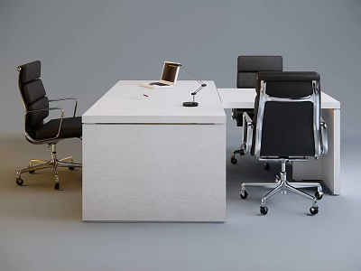 Modern White Office Desk with Black Office Chairs Laptop and Microphone in Contemporary Workspace 3d model
