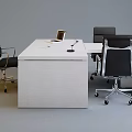 Modern White Office Desk with Black Office Chairs Laptop and Microphone in Contemporary Workspace