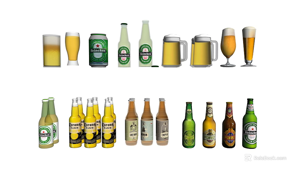 Various Beer Bottles Cans and Glasses Collection with Different Designs and Styles 3d model