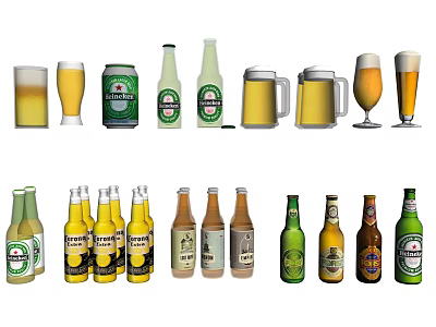 Various Beer Bottles Cans and Glasses Collection with Different Designs and Styles 3d model