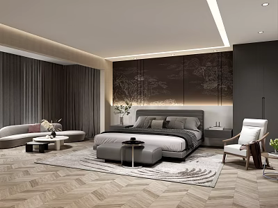 Elegant Modern Bedroom Interior Design With Gray Bed Nightstand Decorative Wall Art And Area Rug 3d model