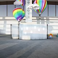 Colorful Hot Air Balloons in Large Indoor Exhibition Space with Booths and Windows