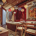 Traditional Chinese Restaurant Interior With Hanging Lanterns Wooden Decor And Green Plants