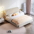 Double Bed With Beige Upholstered Headboard Plush Toys Orange Blanket Nightstand Mirror And Window Curtains