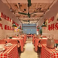 Barbecue Restaurant Interior Featuring Red Checkered Tablecloths Ceiling Fans Fresh Ingredients And Wall Signs