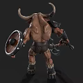 Fantasy Bull Warrior Character With Horns Armor Axe Shield And Muscular Build