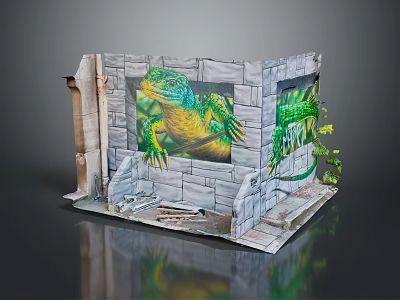 Green Reptile Lizard On Stone Wall Structure With Natural Decor Elements 3d model