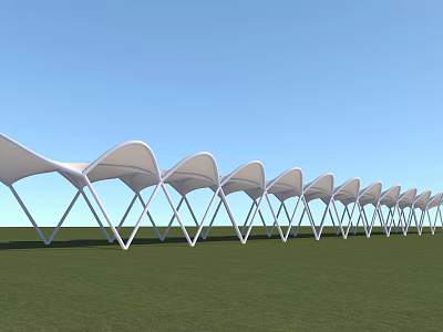White Tensile Membrane Structures In Row With Supporting Frame On Green Grass And Blue Sky 3d model