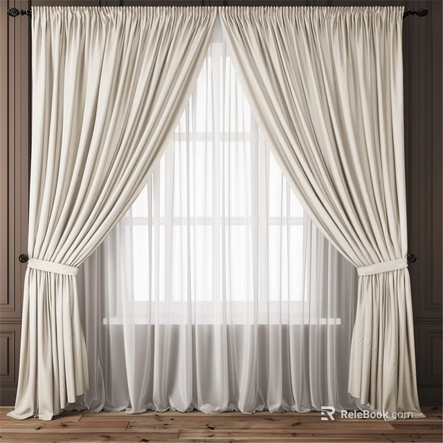Beige Velvet Curtain With Sheer Voile And Tiebacks For Home Window Decoration 3d model 