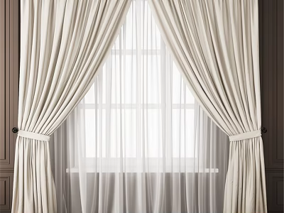 Beige Velvet Curtain With Sheer Voile And Tiebacks For Home Window Decoration 3d model