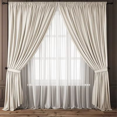 Beige Velvet Curtain With Sheer Voile And Tiebacks For Home Window Decoration 3d model