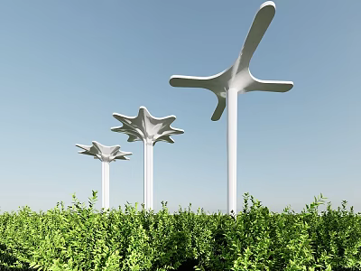 White Columns With Unique Starfish Shaped Tops Standing Among Green Bushes And Blue Sky 3d model