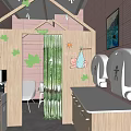Other Bathroom Interior With Pink Walls Large Mirror White Sink Cabinets And Stroller