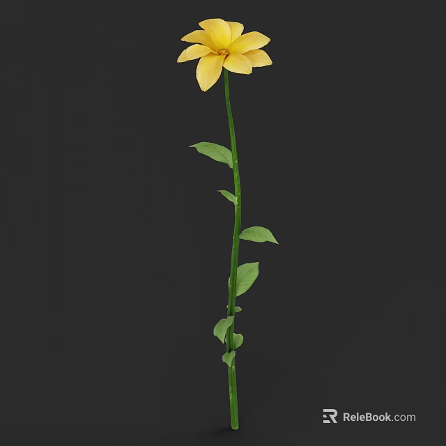 Single Yellow Flower With Green Stem And Leaves On Black Background 3d model 