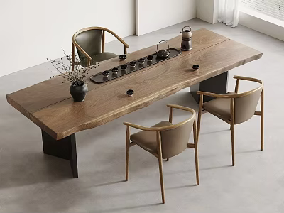 Modern Solid Wood Dining Table with Metal Legs and Light Brown Chairs in Bright Room 3d model
