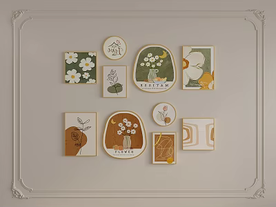 Botanical Paintings Hanging on Wall with Various Shapes Colors Frames and Floral Leaf Plant Designs 3d model