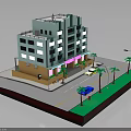 Modern Light Blue Beige Multi Storey Building With Windows Pink Signage Palm Trees Street Cars