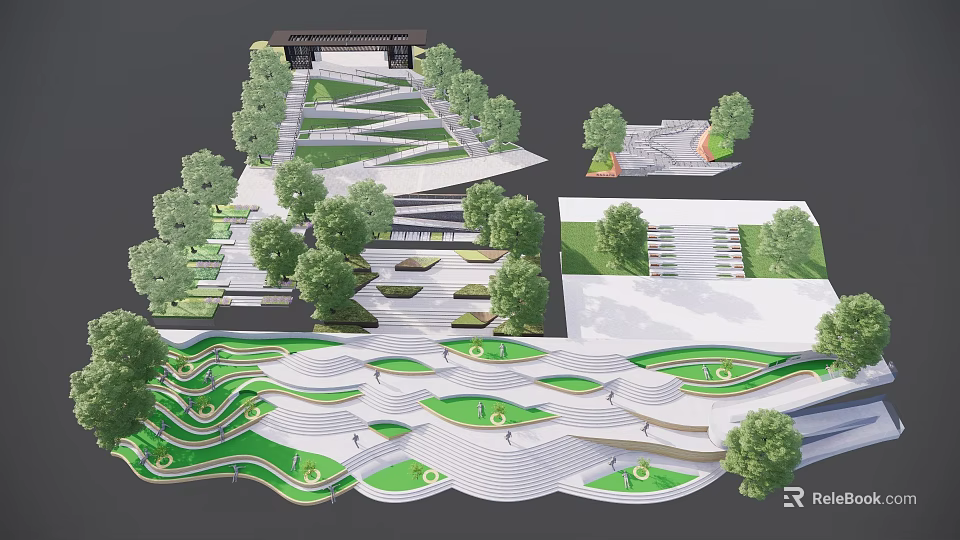 Modern Staircase Design With Green Landscaping And Curved Pathways In Urban Park Setting 3d model 