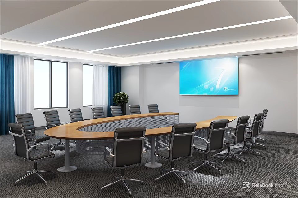 Modern Conference Room With Round Table Black Chairs And Large Screen 3d model 