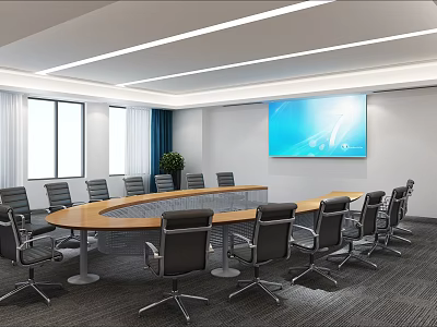 Modern Conference Room With Round Table Black Chairs And Large Screen 3d model