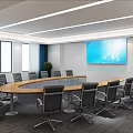 Modern Conference Room With Round Table Black Chairs And Large Screen