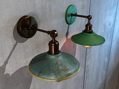 Vintage Industrial Wall Lamps with Green Glass Shades and Brass Arms Mounted on Gray Wall 3d model