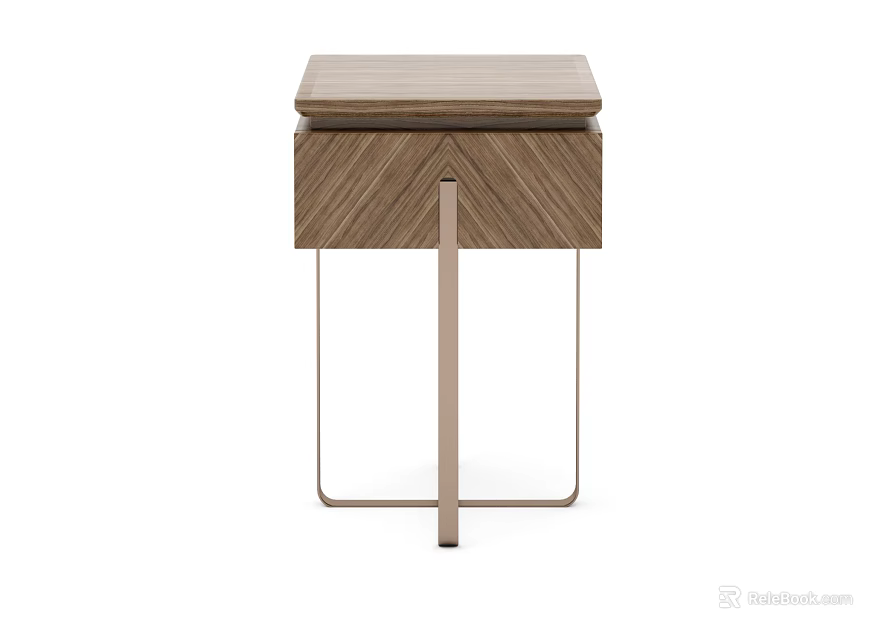 Modern Minimalist Wooden Bedside Table With Chevron Wood Grain And Metal Frame 3d model 