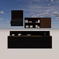 Modern Kitchen Brown Wall And Base Cabinets With Range Hood And Dishes 3d model
